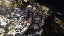 Load image into Gallery viewer, Black Dual Sided Gold &amp; Silver Sheer Sugar Skull Fabric
