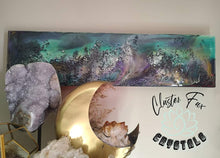 Load image into Gallery viewer, Wood Canvas Epoxy Resin Moonstone Crystal &quot;Aurora&quot; Art Piece
