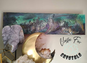 Wood Canvas Epoxy Resin Moonstone Crystal "Aurora" Art Piece
