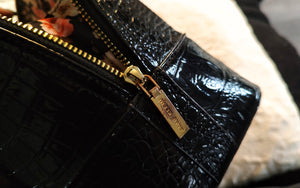 Anne Klein Black & Gold Crocodile Print Faux Leather Purse Bag
