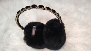 Vince Camuto Black Faux Fur Gold Bling Embellished Ear Muffs