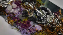 Load image into Gallery viewer, Handmade Amethyst &amp; Moss Skeleton Key on Glass Mount
