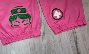 Nurse Drip Glitter Green & Pink Medical Scrub Pants XL