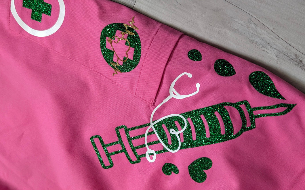 Nurse Drip Glitter Green & Pink Medical Scrub Pants XL