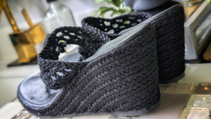 Ardene Black Boho Crochet Wedge Sandals sz8