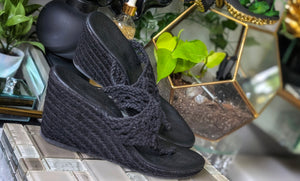 Ardene Black Boho Crochet Wedge Sandals sz8