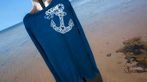 Deep Blue Ocean Drip Anchor Glitter Side Slit Top LG-XL