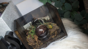 2" Red Garnet Sphere w/Selenite Charging Wands in Wood Display Case
