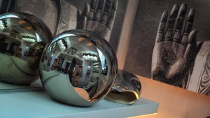 Chrome Crate & Barrel Sphere & Abbott Pebble **pebble is missing an end - sphere has discoloration marks** SHELF INCLUDED