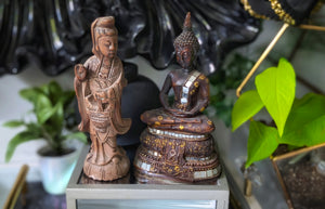 Geisha Buddha Hand Carved Wood & Resin Intricate Decorative Statues 2pcs