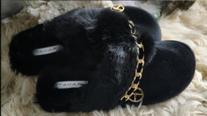 Tahari Faux Fur Chain Accent Slippers Sz9