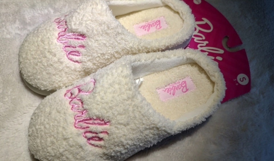 White & Pink Sherpa Barbie Slippers Small NWT