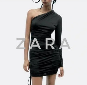 Zara Black Single Long Sleeve Rouched Dress SM