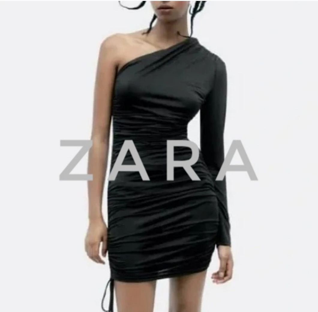 Zara Black Single Long Sleeve Rouched Dress SM