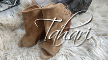 Load image into Gallery viewer, Tahari Suede Tie Back Open Toe Wedge Sandal Boots sz7
