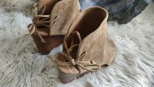 Load image into Gallery viewer, Tahari Suede Tie Back Open Toe Wedge Sandal Boots sz7
