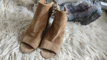 Load image into Gallery viewer, Tahari Suede Tie Back Open Toe Wedge Sandal Boots sz7
