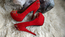 Load image into Gallery viewer, Dollhouse &quot;Gemini&quot; Red Velour Spiked High Heel Pumps sz6.5
