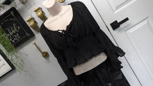 Load image into Gallery viewer, Blush Black Boho Ruffle Princess Sleeve Crop Top LG
