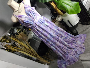 Privy Purple Floral Ruffle Halter Dress LG