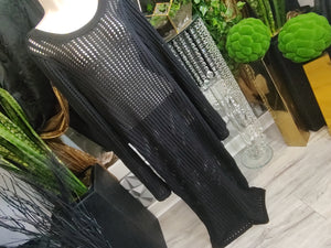 SWNY Black Mesh Sweater Knit Maxi Dress Cover Up LG NWT