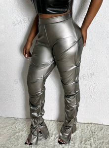 Shein Curve Silver Rouched Pu Leather Pants 1XL