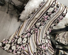 Load image into Gallery viewer, Floral Pinstriped Pink &amp; Brown Retro Godet Maxi Skirt LG
