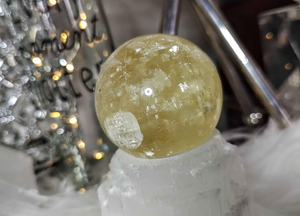 5" Flat Bottom Rainbow Honey Calcite Sphere on Selenite Stand