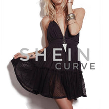 Load image into Gallery viewer, Shein Curve Black Open Back Lace Polka Halter Dress 3XL
