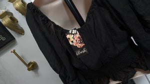 Blush Black Boho Ruffle Princess Sleeve Crop Top LG