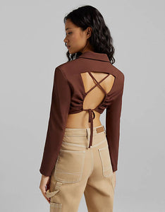 Bershka Brown Open Back Strappy Crop Blazer XL NWT