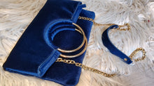 Load image into Gallery viewer, Madison West Royal Blue &amp; Gold Velvet Hoop Handle Purse (Possibly Vintage)
