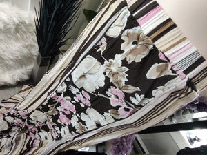 Floral Pinstriped Pink & Brown Retro Godet Maxi Skirt LG