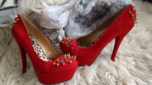 Load image into Gallery viewer, Dollhouse &quot;Gemini&quot; Red Velour Spiked High Heel Pumps sz6.5
