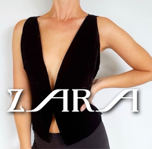 Load image into Gallery viewer, Zara Black Velour V-Neck Vest Crop Top XL
