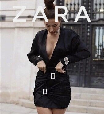 Zara Black Long Sleeve Satin Rhinestone Buckle Dress MD