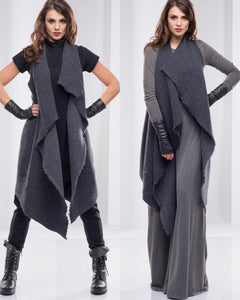 Long Black Pop Collar Asymmetrical Wool Vest LG-XXL