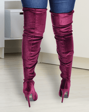 Load image into Gallery viewer, Camden Burgundy Velour Over Knee Boots sz7.5
