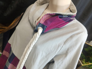 Coastal Grey & Pink Plaid Rope Pull Neck Sweater Top LG-XL