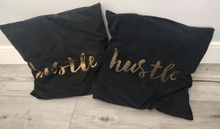 Load image into Gallery viewer, Black &amp; Gold &quot;Hustle&quot; Velour Decor Pillows x2
