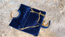 Load image into Gallery viewer, Madison West Royal Blue &amp; Gold Velvet Hoop Handle Purse (Possibly Vintage)
