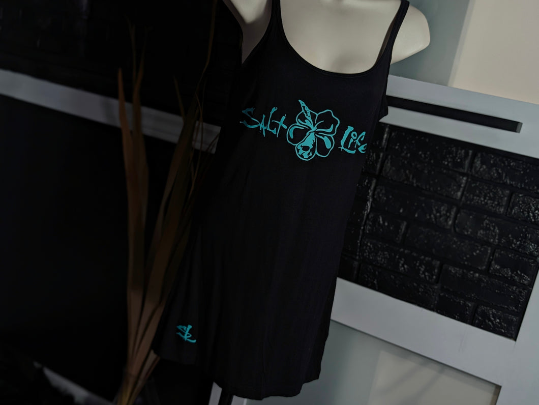 Black Hibiscus & Ocean Vibes Tank Top LG