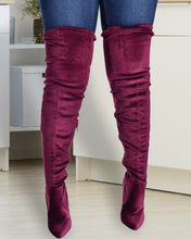 Load image into Gallery viewer, Camden Burgundy Velour Over Knee Boots sz7.5
