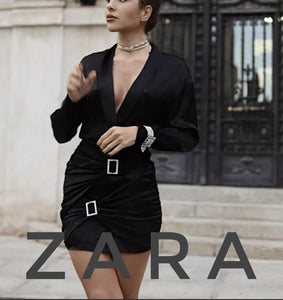 Zara Black Long Sleeve Satin Rhinestone Buckle Dress MD