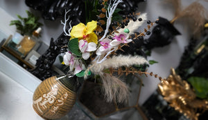 Asian Kanji Pottery Vase w/Artificial Pampas & Flower Arrangement