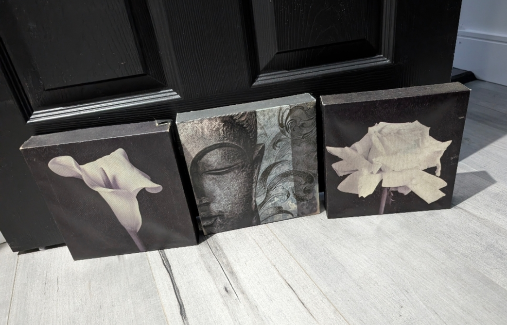 White & Black Flower & Buddha Canvas Wall Art (3pcs)