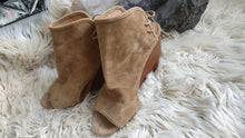 Load image into Gallery viewer, Tahari Suede Tie Back Open Toe Wedge Sandal Boots sz7
