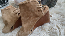 Load image into Gallery viewer, Tahari Suede Tie Back Open Toe Wedge Sandal Boots sz7
