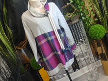 Load image into Gallery viewer, Coastal Grey &amp; Pink Plaid Rope Pull Neck Sweater Top LG-XL
