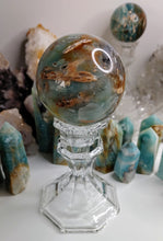 Load image into Gallery viewer, Amazonite &amp; Pyrite Crystal Sphere with Glass Stand
